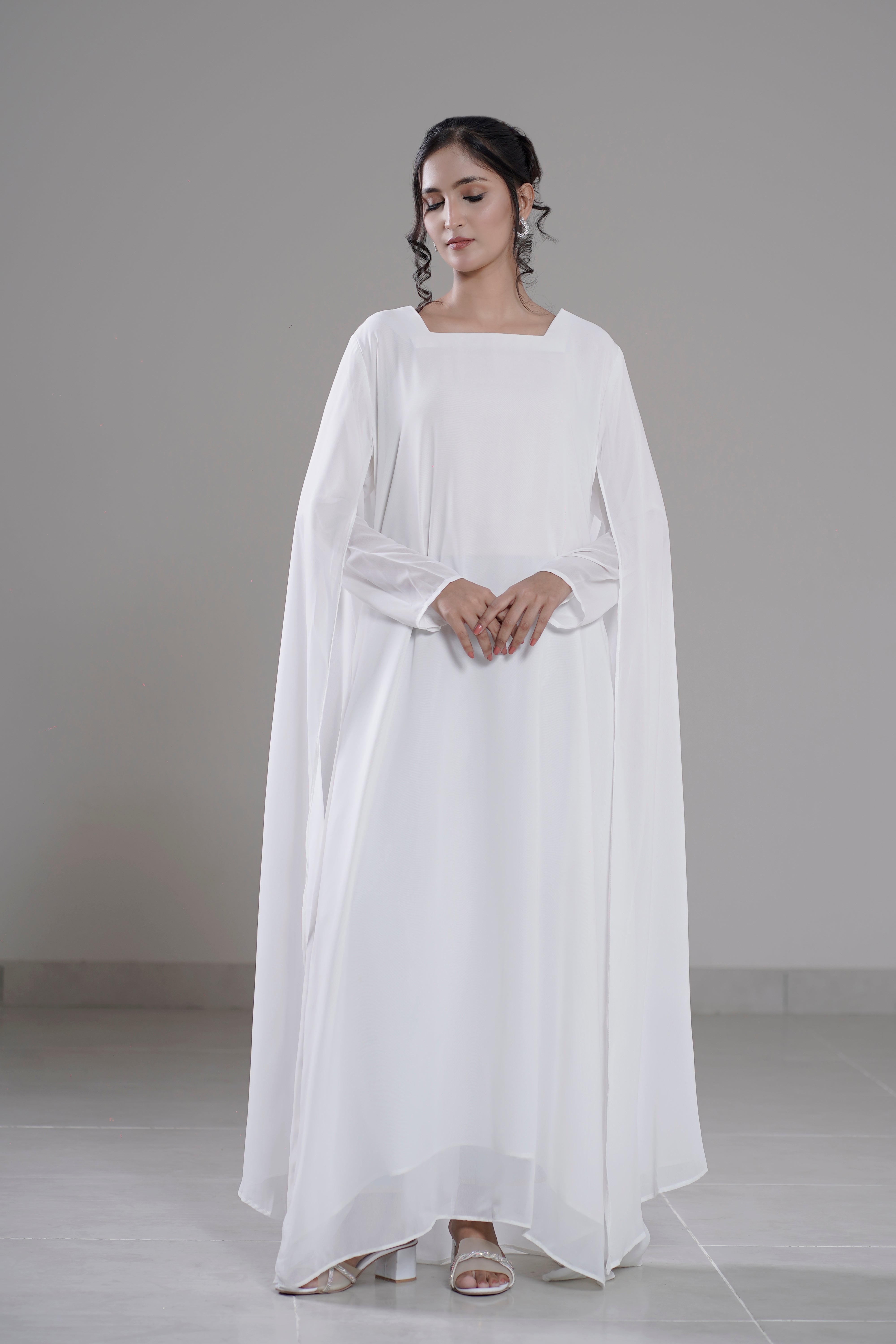 Cloud Flow Maxi — Soft White Georgette with Cape Sleeves