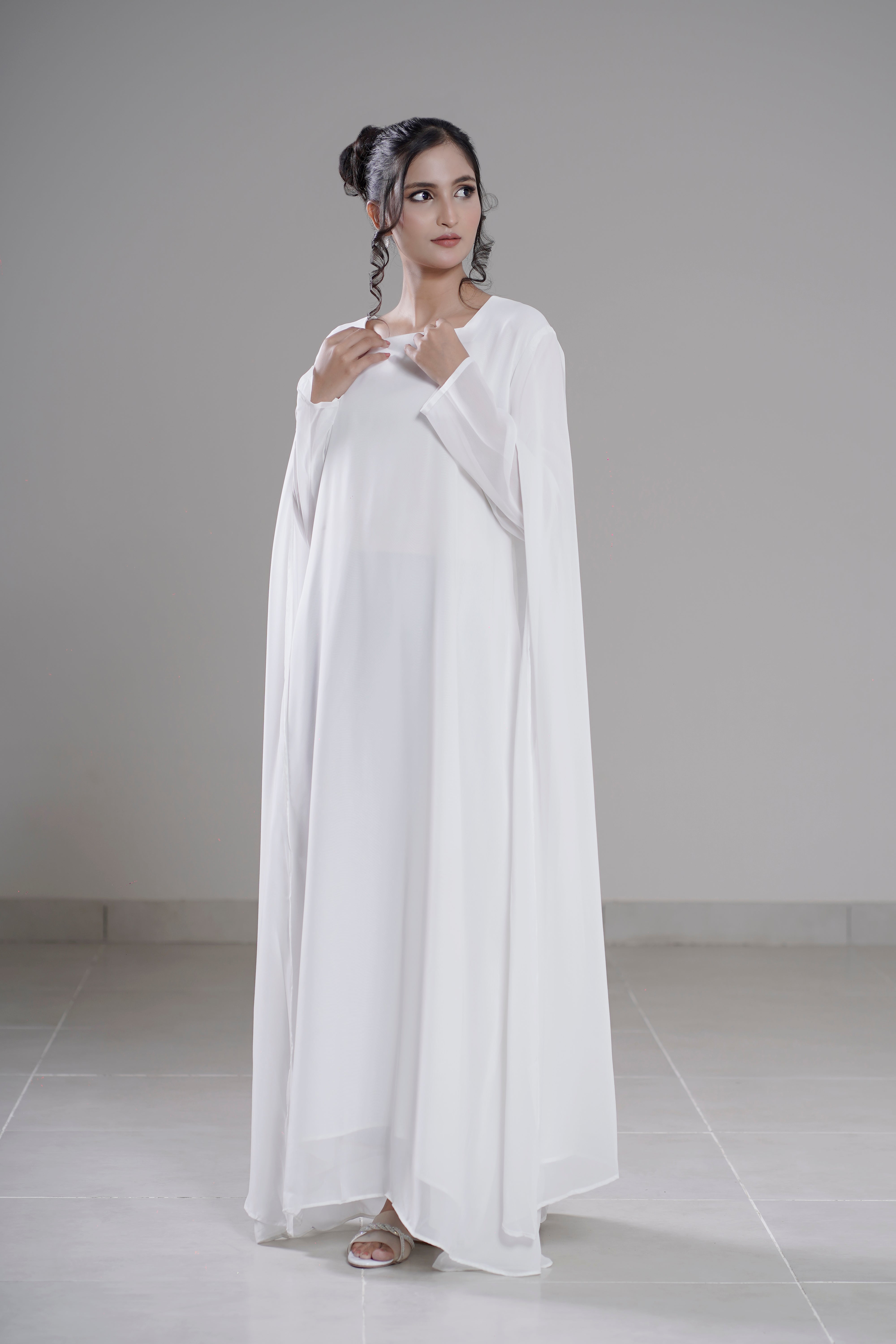 Cloud Flow Maxi — Soft White Georgette with Cape Sleeves