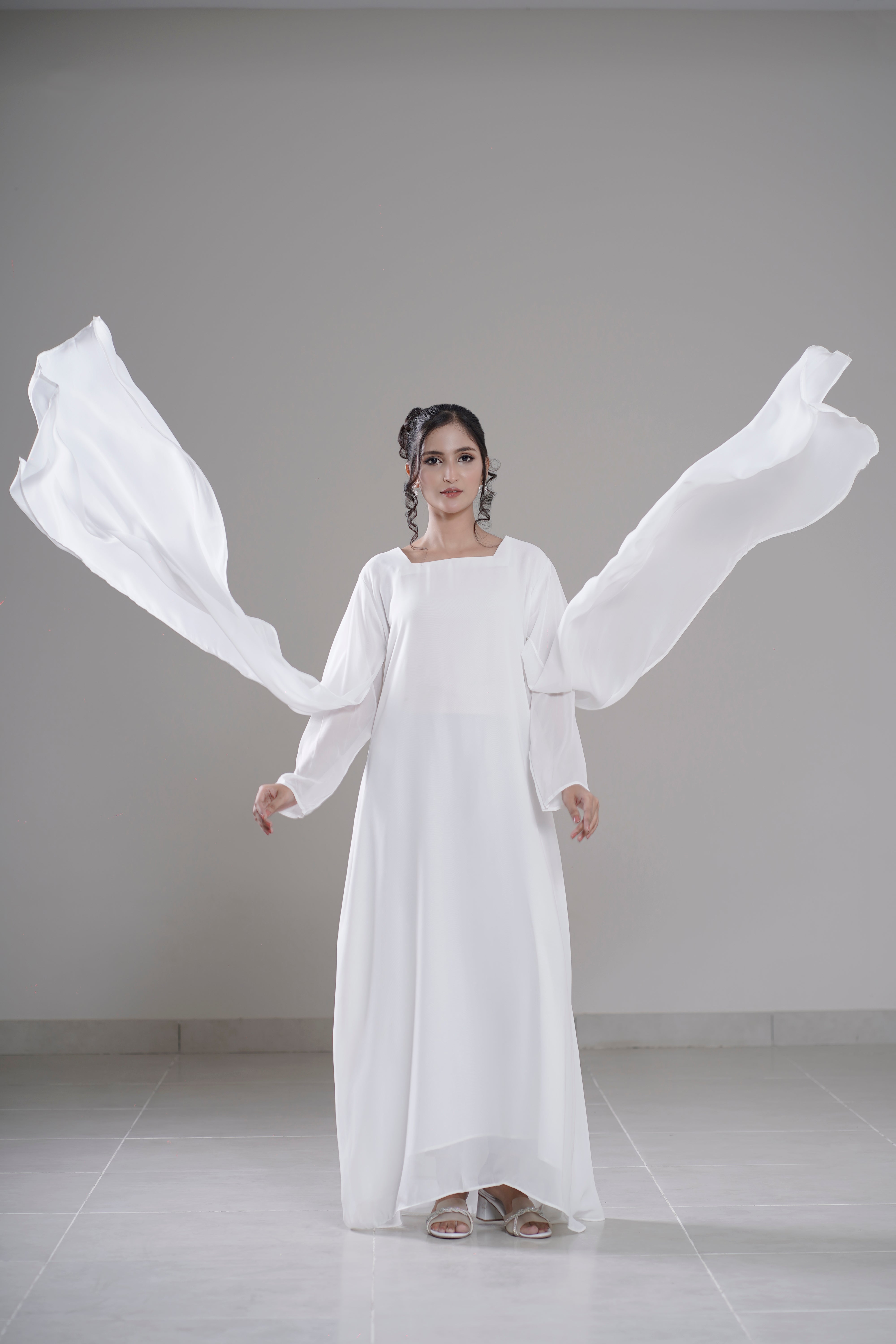 Cloud Flow Maxi — Soft White Georgette with Cape Sleeves