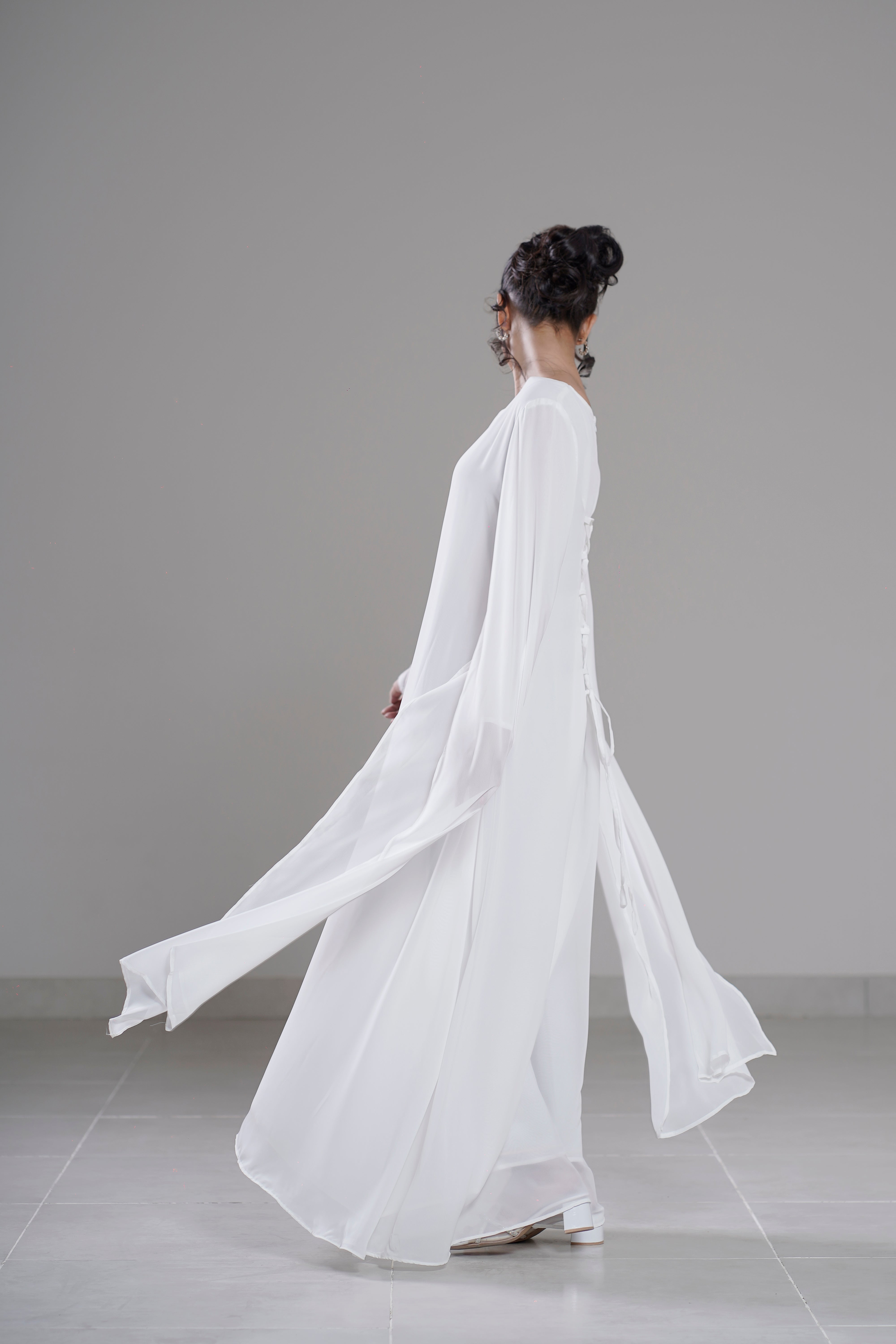 Cloud Flow Maxi — Soft White Georgette with Cape Sleeves