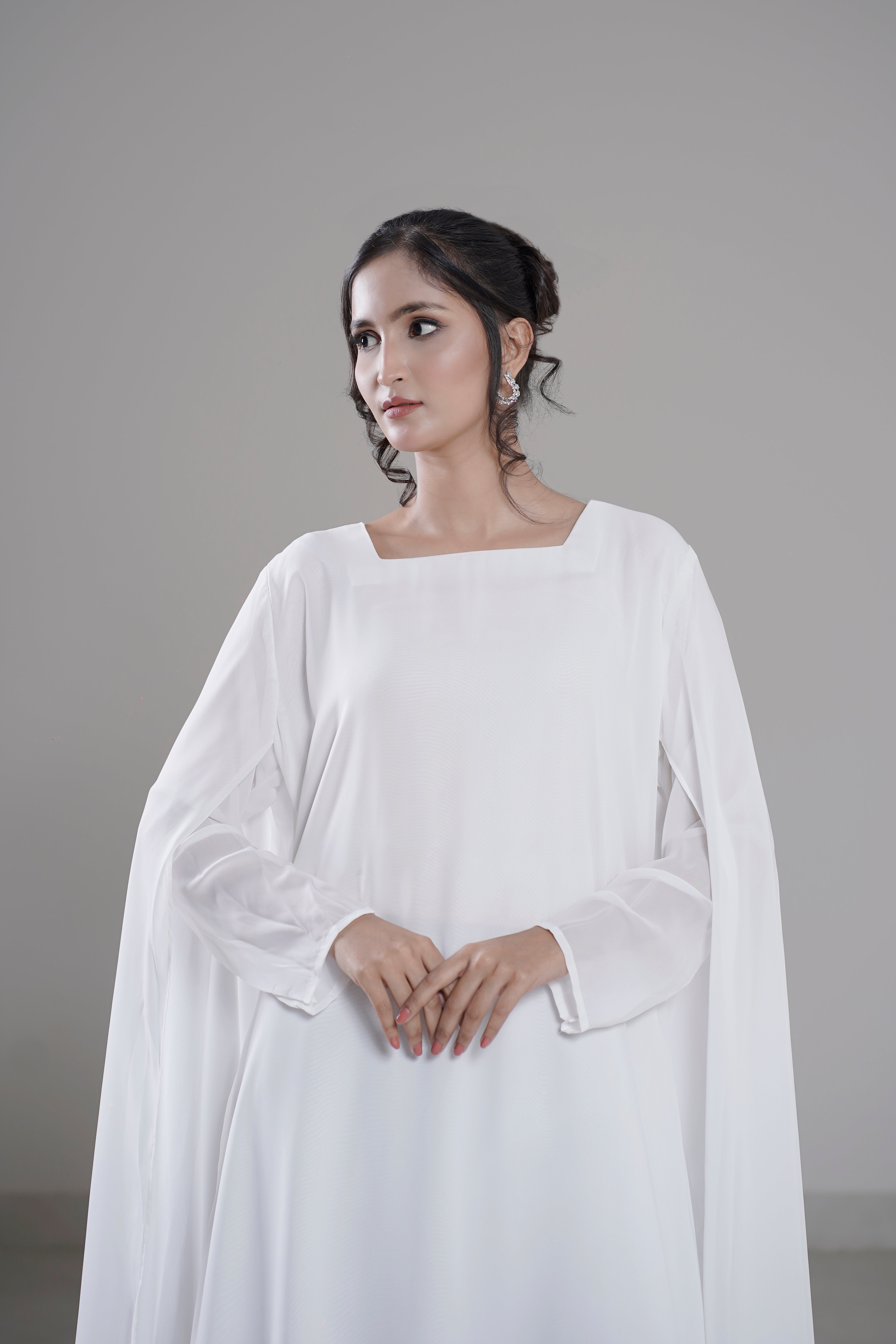 Cloud Flow Maxi — Soft White Georgette with Cape Sleeves