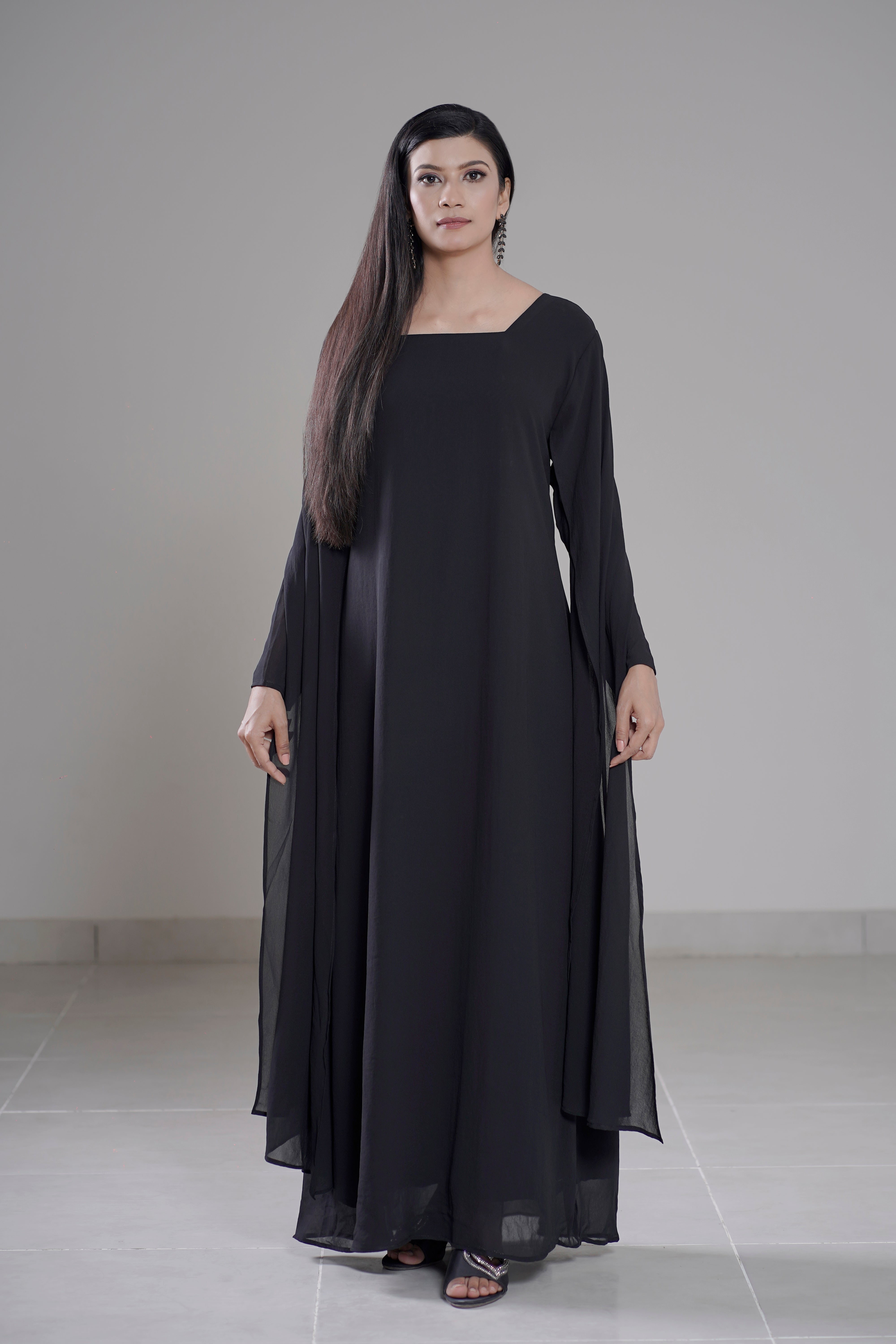 Cloud Flow Maxi — Midnight Black Georgette with Cape Sleeves