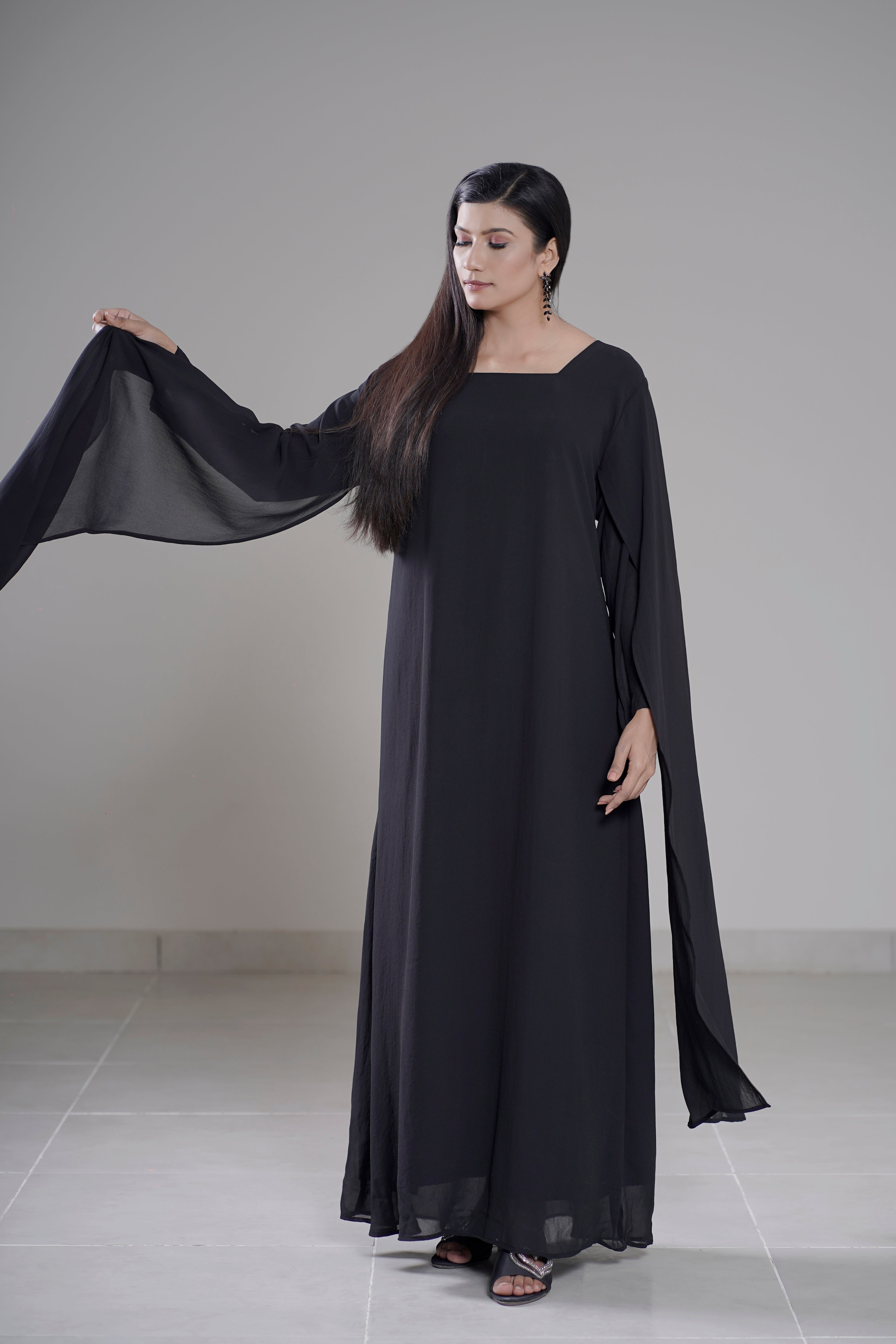 Cloud Flow Maxi — Midnight Black Georgette with Cape Sleeves